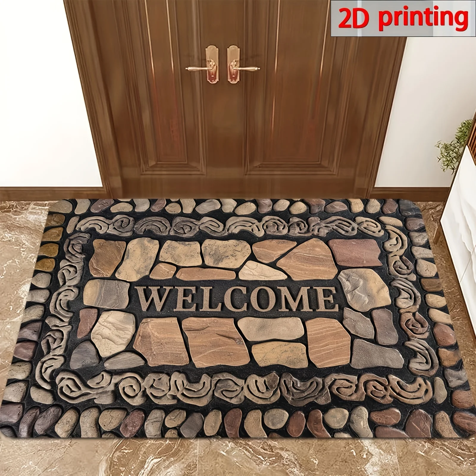 2D Door Mat, Welcome Home Round Stone Print Door Mat - Lightweight Polyester Non-Slip Indoor/Outdoor Entryway Mat