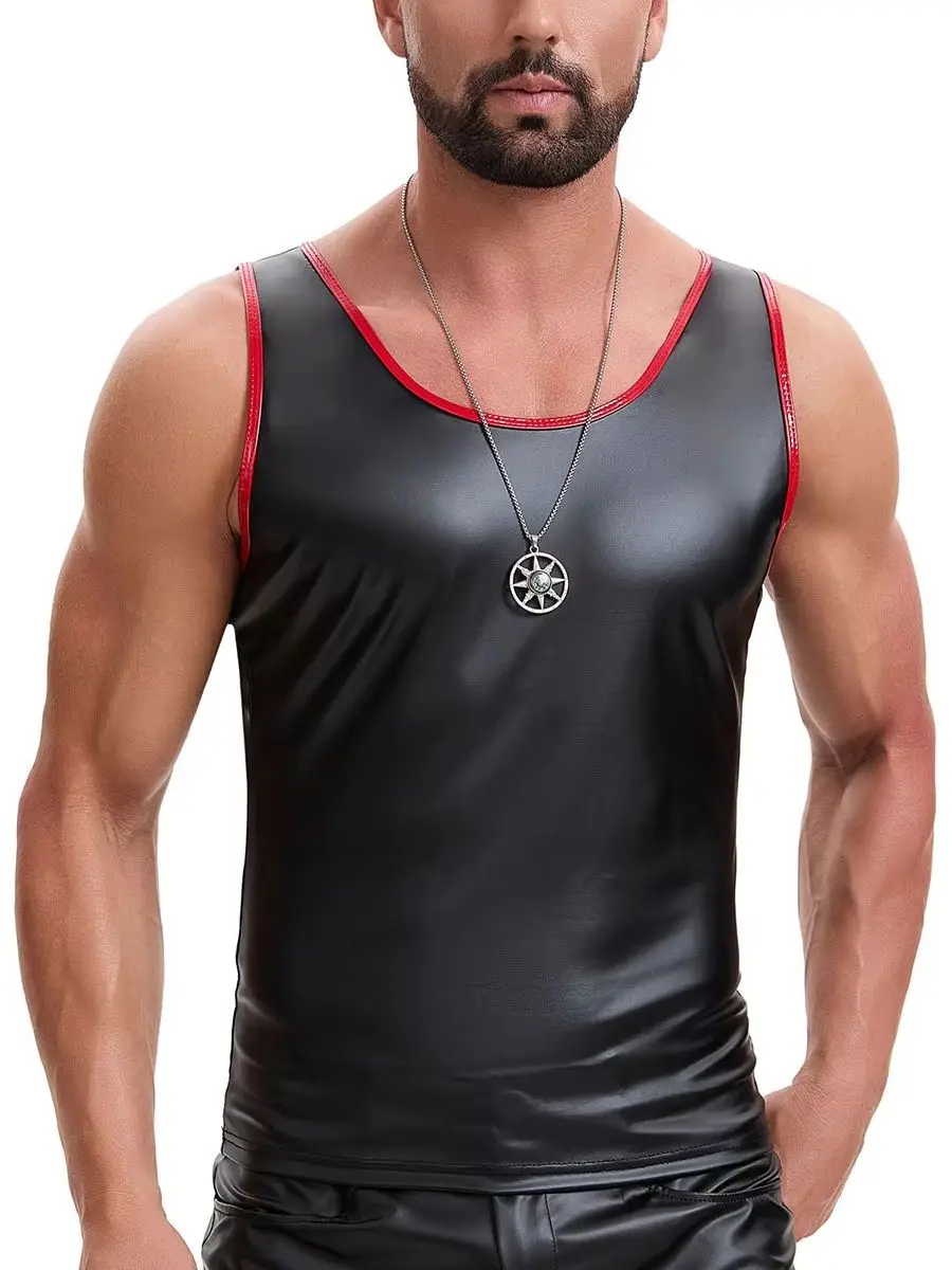 S-7XL Mattes Elastisches PU-Leder Tanktop für Herren, Fitness-Tanktop, Eng Anliegendes Ärmelloses Muskelshirt, Bodybuilding-Former-Weste