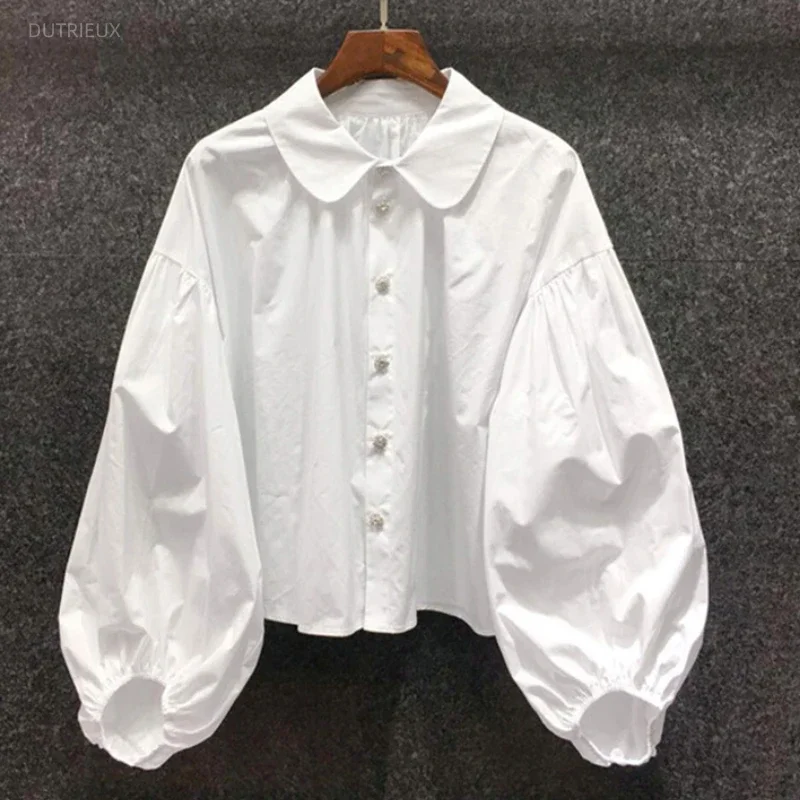 Chemisier blanc pour femme, chemise à manches lanternes et col patte d'éléphant, chemises 2026, blusas mujer de moda, chemisiers et hauts vintage tendance et élégants