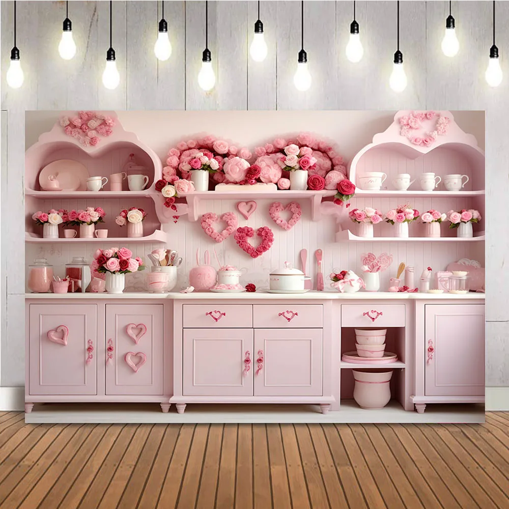 

Valentine's Day Kitchens Cupboard Backdrop for Photographic Studio Pink Love Heart Flowers Romantic Decoration Kid Girls Banner