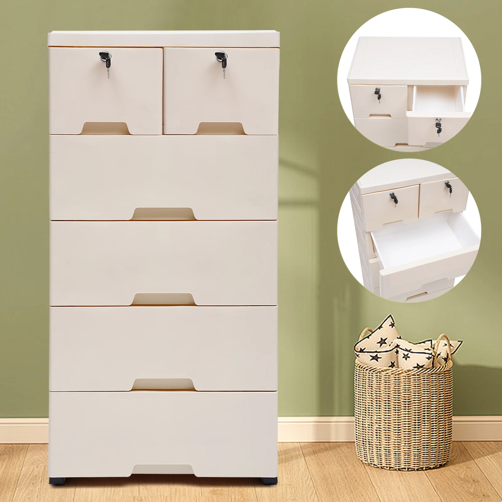 6 Drawers Storage Cabinet with Wheels Closet Drawers Tall Dresser Organizer for Clothes Playroom Bedroom Furniture 4 Keys