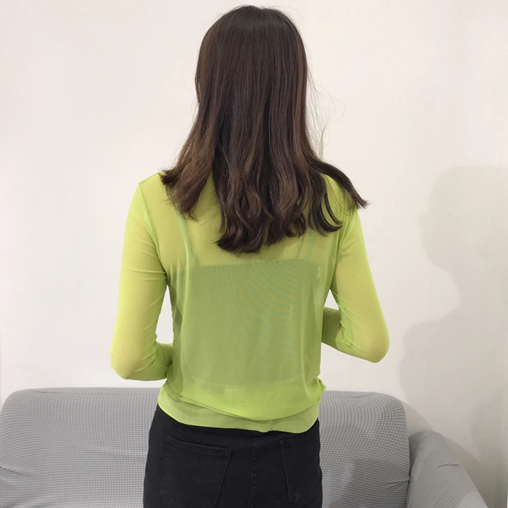 Women Transparent Elastic Shirt Lace Blouse Black White Purple Orange Green Female Bottoming Blouses S-2XL Size Kawaii T Shirt