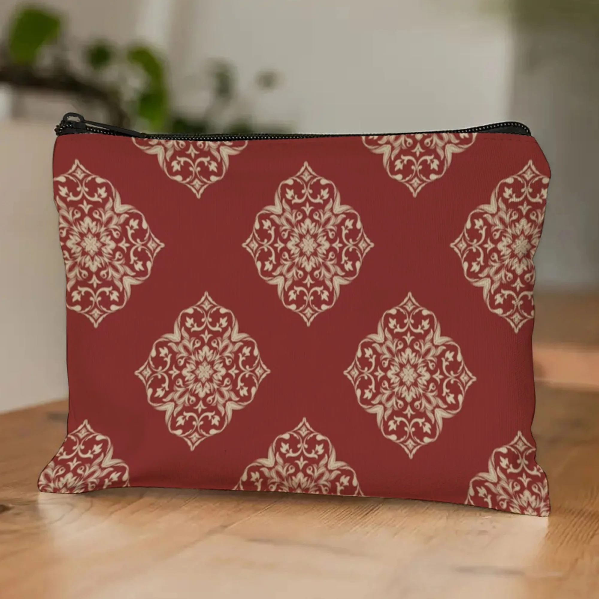 Gorgeous Red Zipper Pouch Cosmetic Pouch Golden European Retro Baroque Patterns Inner Slip Pocket Ideal for Travel or Daily Use