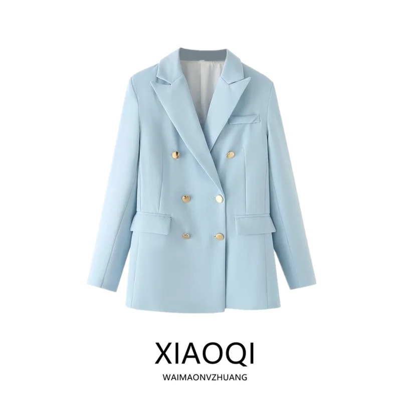 

Summer 2024 Women's Loose Faionable Metal Bule Suit Jaet Ele Personali Long Sve Commute Sle Color