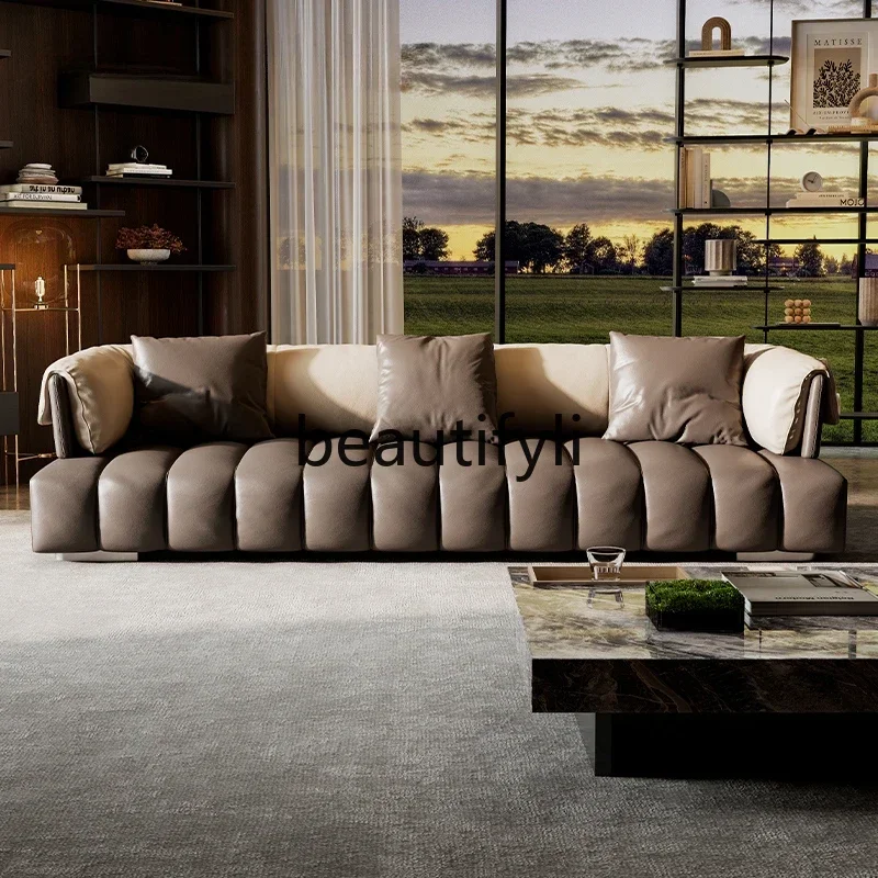 Italian minimalist piano keys leather sofa straight row elephant ears armrest color matching creative combination sofa