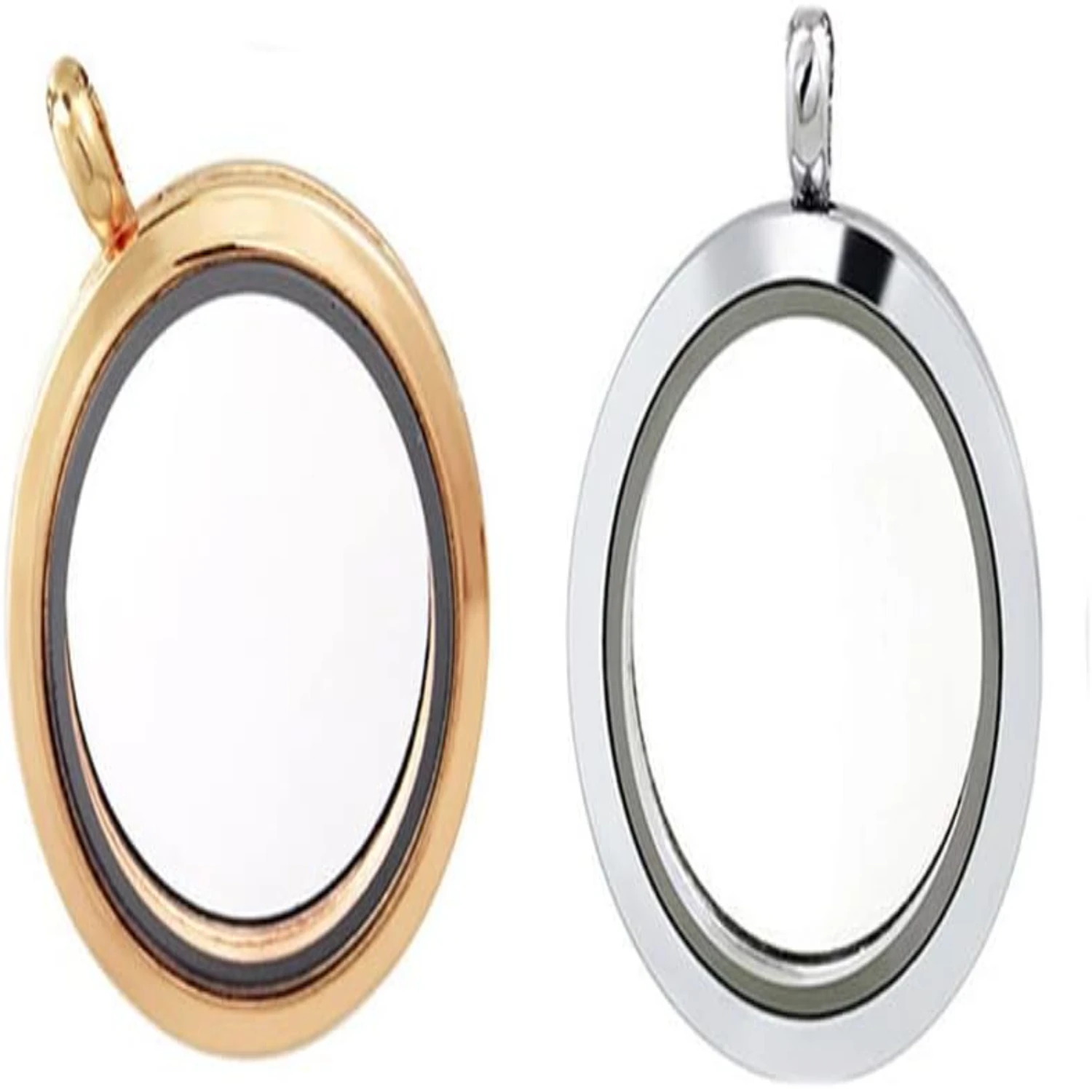 2pcs Rose Gold and Silver Alloy Photo Charm  Keyrings Mini Round Insert Personalized  Memory Locket Keychain for Picture Necklac