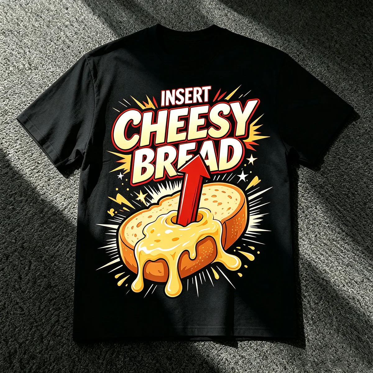 Insert Cheesy Bread T‑Shirt Funny Food Meme Cheesy Bread Cartoon Graphic Humorous Novelty Casual Streetwear Unisex Cotton Short Sleeve Tops for Men Women