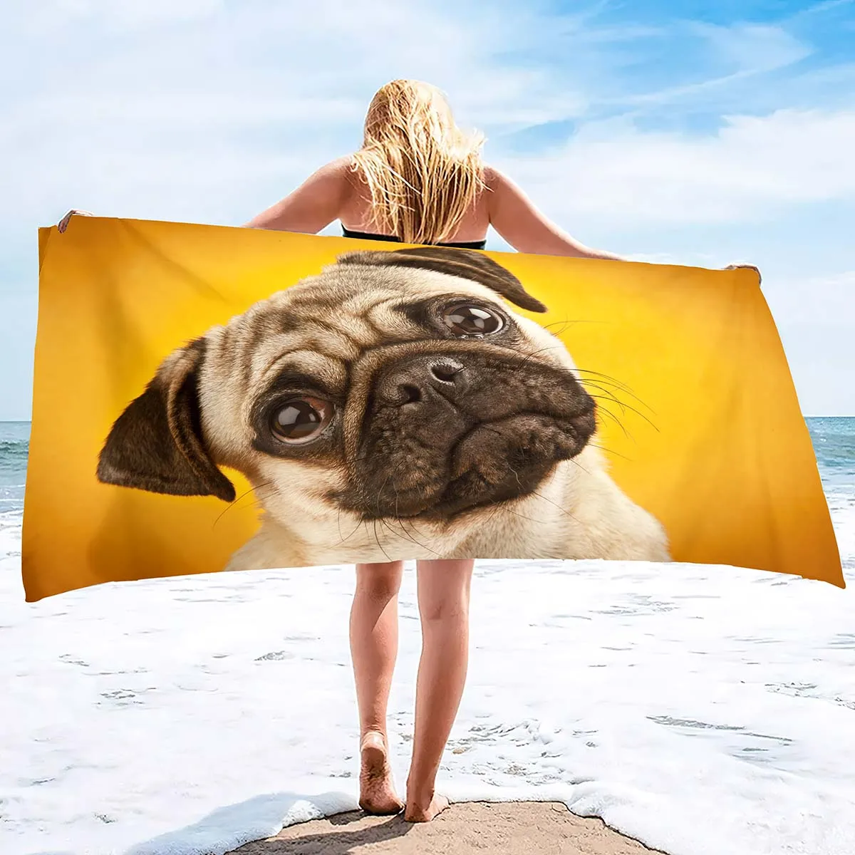 Toalla de microfibra sin arena para playa, toalla fina de secado rápido, súper absorbente, de gran tamaño, ligera, para piscina, perro Pug