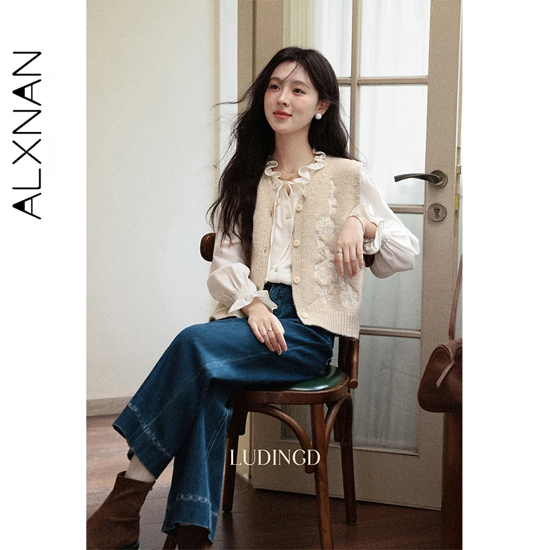 ALXNAN Bezrękawniki z dekoltem w serek Zapinane na guziki Kardigany dzianinowe Damskie Jesienne Miękkie Warstwy do Noszenia na Wierzch Uniwersalne Swetry Odzież Damska L57223