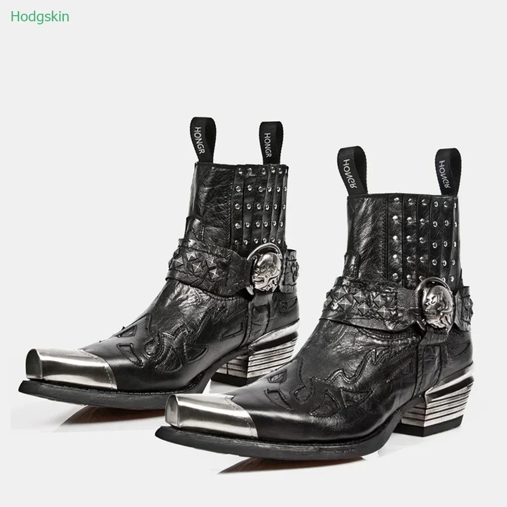 

Metal Decoration Pointed Toe Women Boots Slip On Rivet Autumn Chelsea Boots Height Increasing Chunky Heel Black Fashion Boots