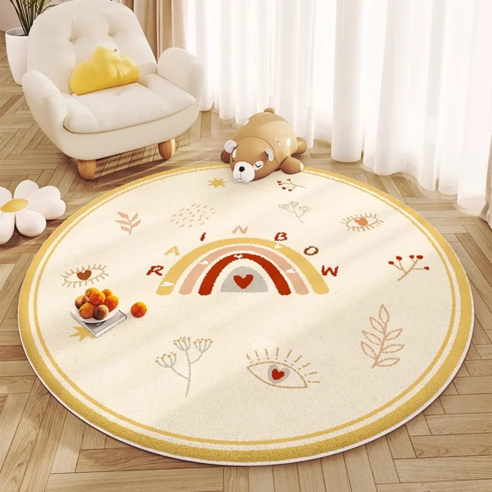

Rainbow Fluffy Carpet For Living Room，Round Plush Bedroom Rug For Kids，Yellow Hairy Nursery Play Mats For Children，Foot Mats