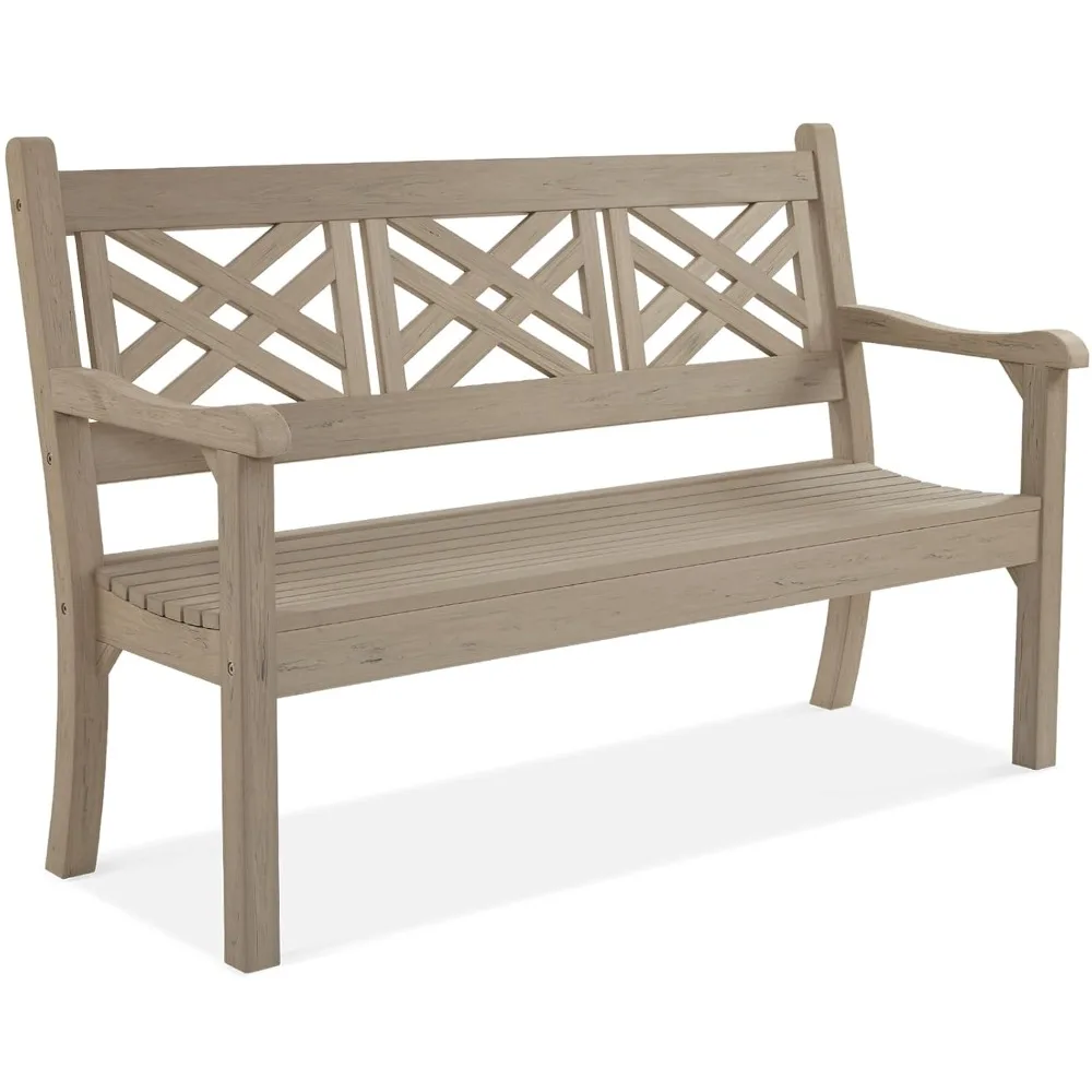 

63''W All-Weather Poly Lumber Outdoor Bench – Teak Color, 3-Person Garden Bench with Decorative Backrest & Curved Armrests