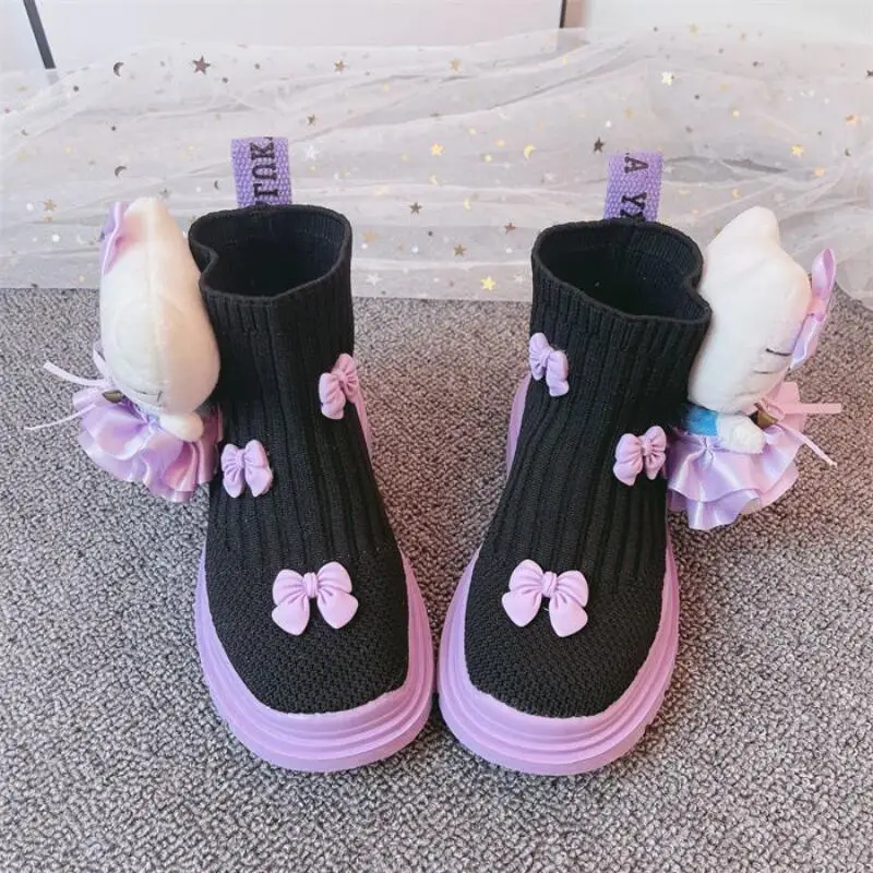 

Hot Sanrio Hello Kitty Girl Spring and Autumn Seasons Knitted Short Boots Student Fashion Cartoon Child Casual Shoes New Style