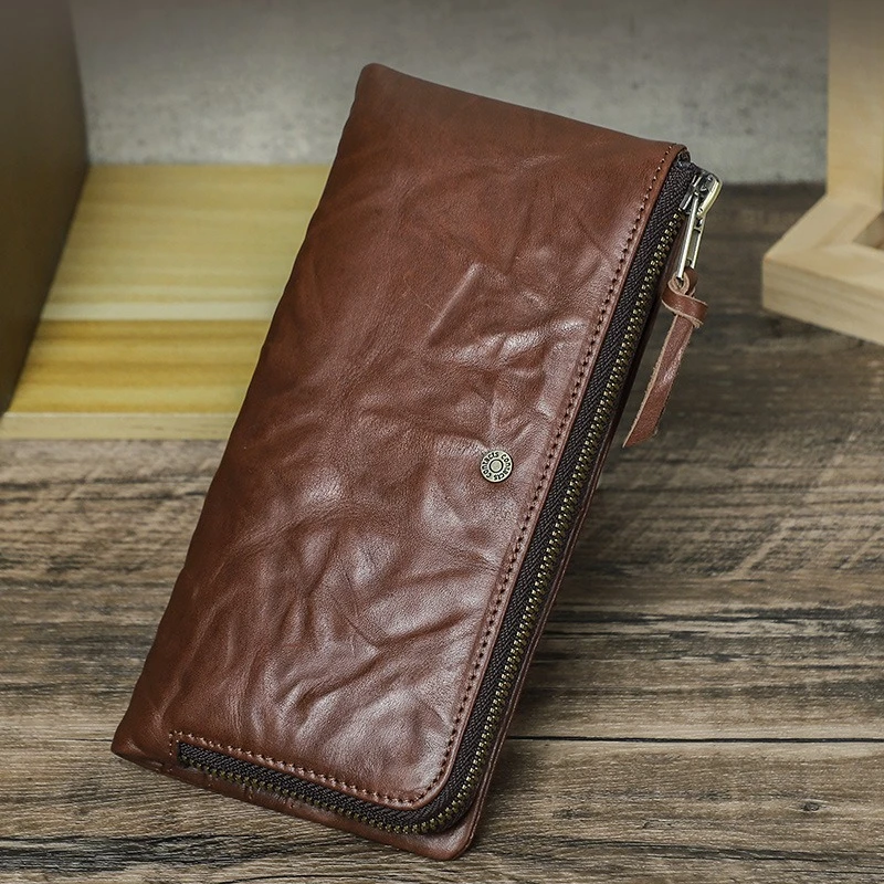 Wallet Hand Grain Cow Leather Men's Wallet RFID Blocking Leather 6.7 Inch Genuine Card Holder Men Genuine Leather RFID