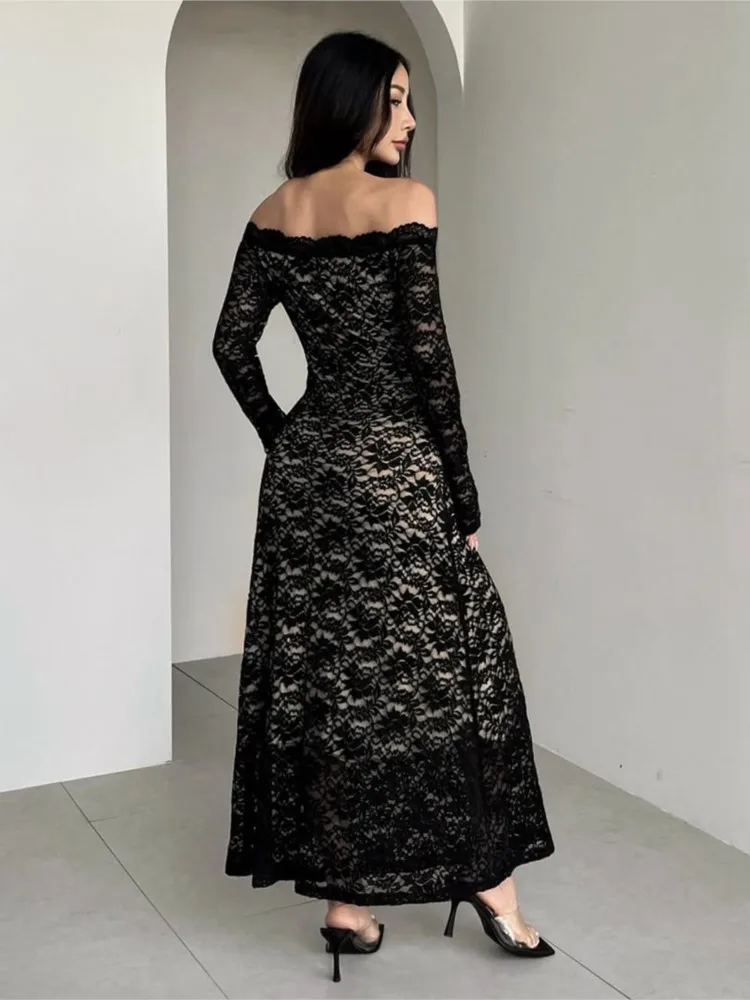 Off Schulter Spitze Schwarz Bleistift Kleid Frauen Trend Langarm Sexy Elegante Abend Party Dünne Stretch Maxi Bodycon Kleider 2026