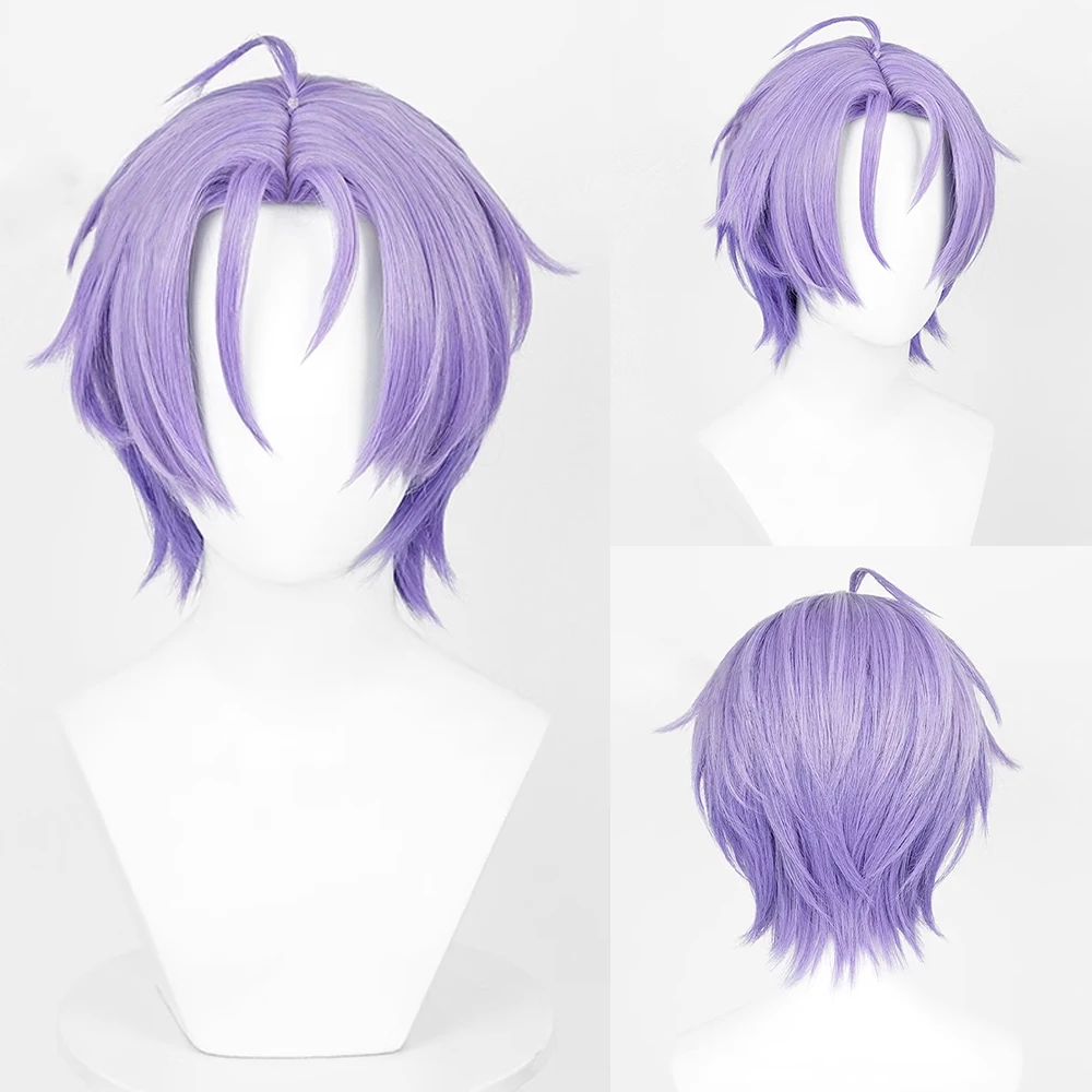 Purple Short Straight Synthetic Wig Middle Part Anime Game Cosplay Fluffy Heat Resistant Wig for Daily Party
