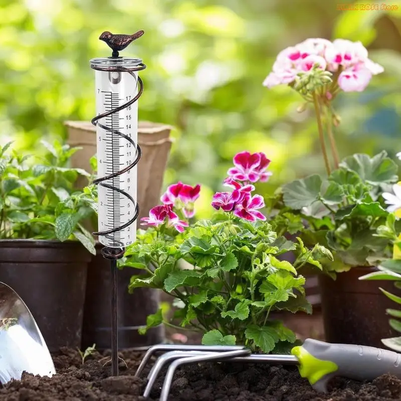 K1AE Large Bold Marking Rain Gauge with Adjustable Metal Stake for Precise Garden Rainfall Measurement and Decorative Cast