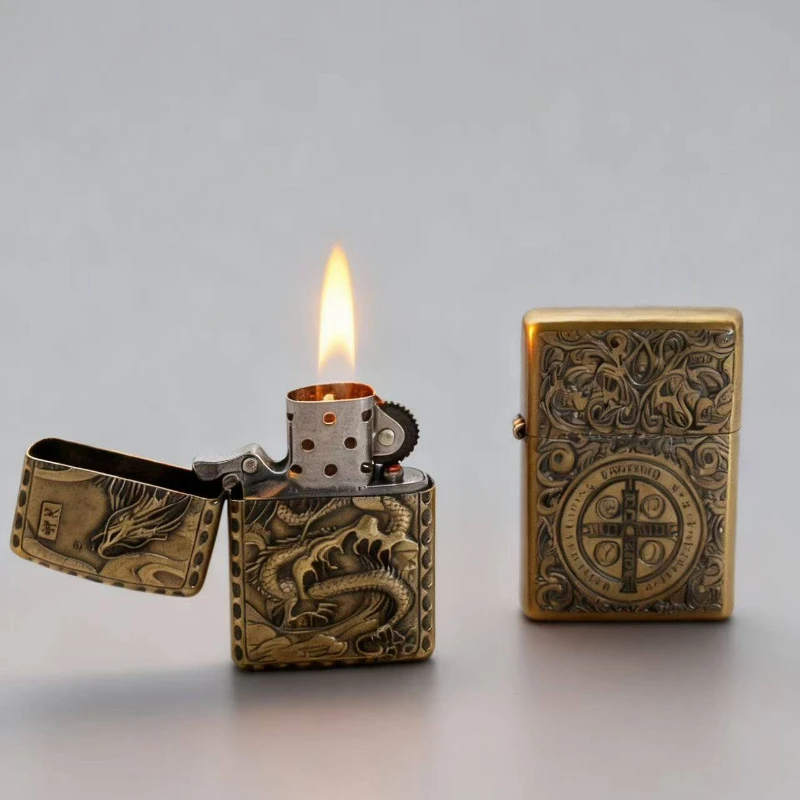 Retro Chinese Style Embossed Metal Bronze Kerosiene Lighter, Embossed Cheap Grinding Wheel Windproof Lighter Wholesale