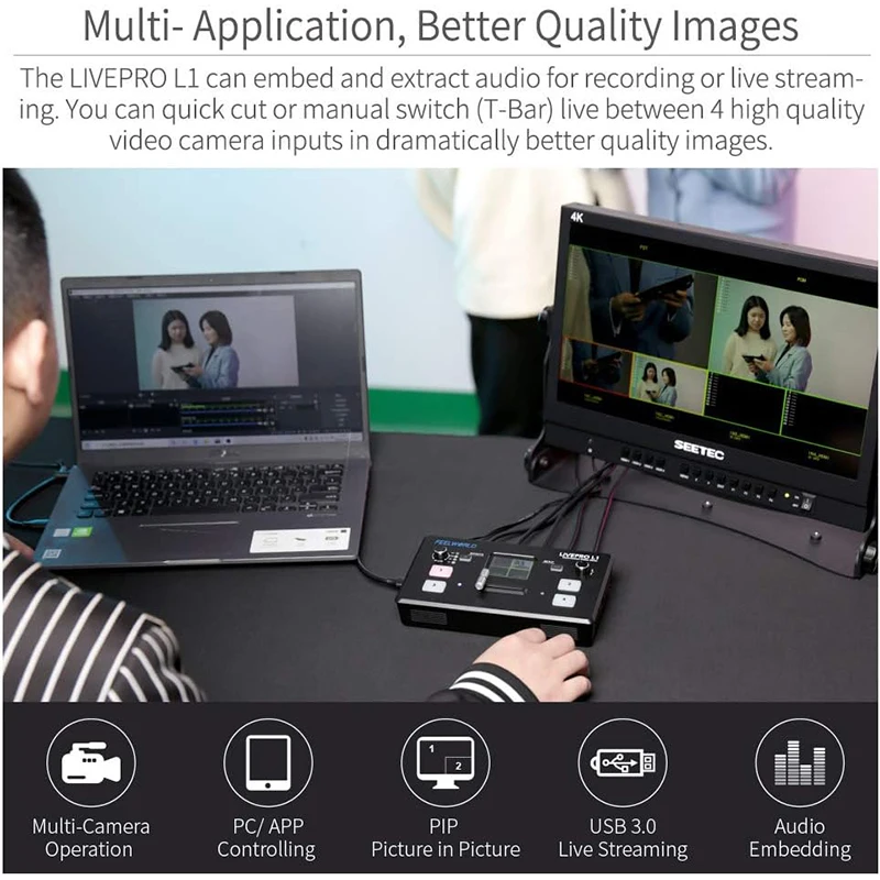 FEELWORLD LIVEPRO L1 V1 Live Streaming Video Switcher 4xHDMI Input Hdmi USB3.0 Studio Record Preview Camera