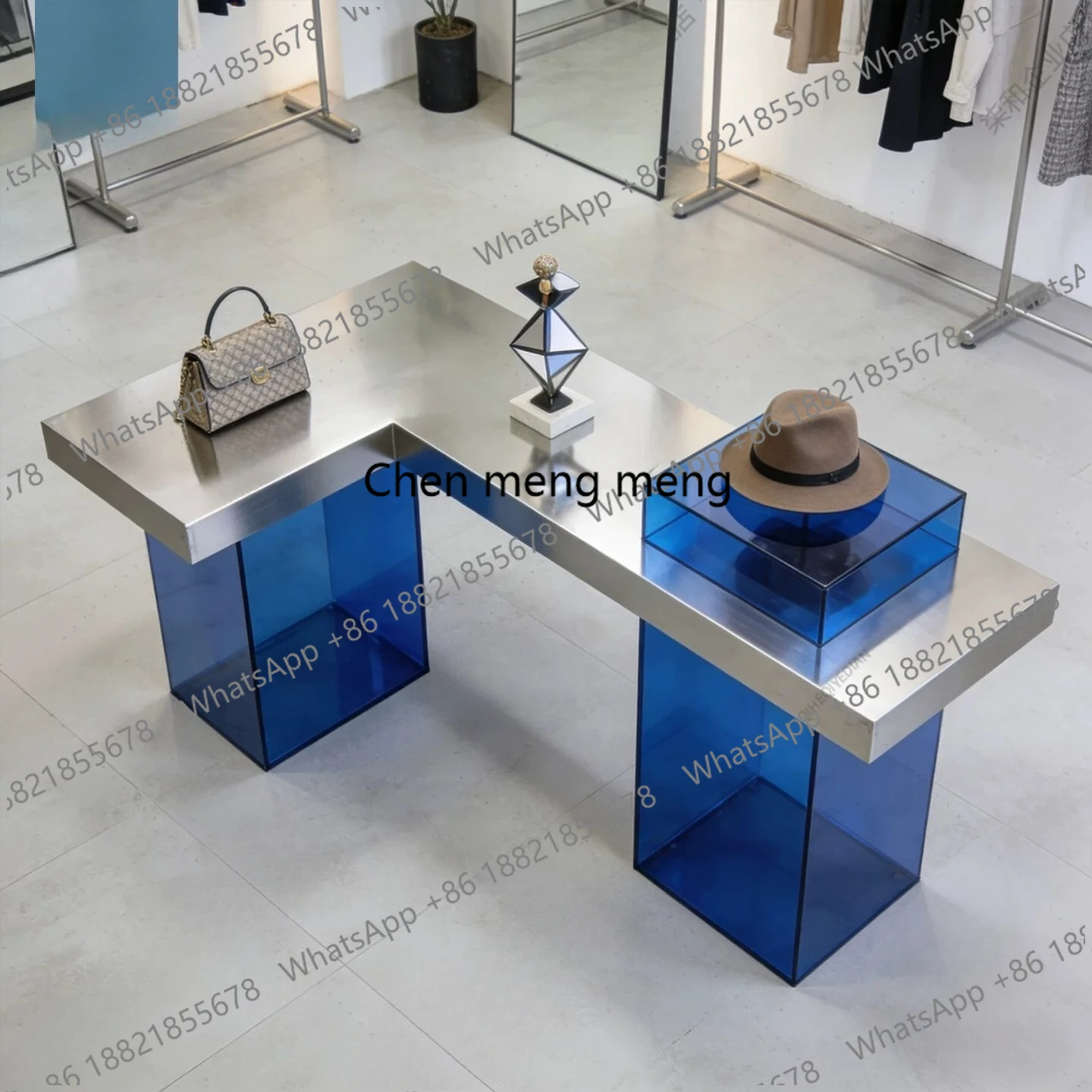 

Clothing store display table stainless steel acrylic, jewelry display table creative water table store Nakajima platform