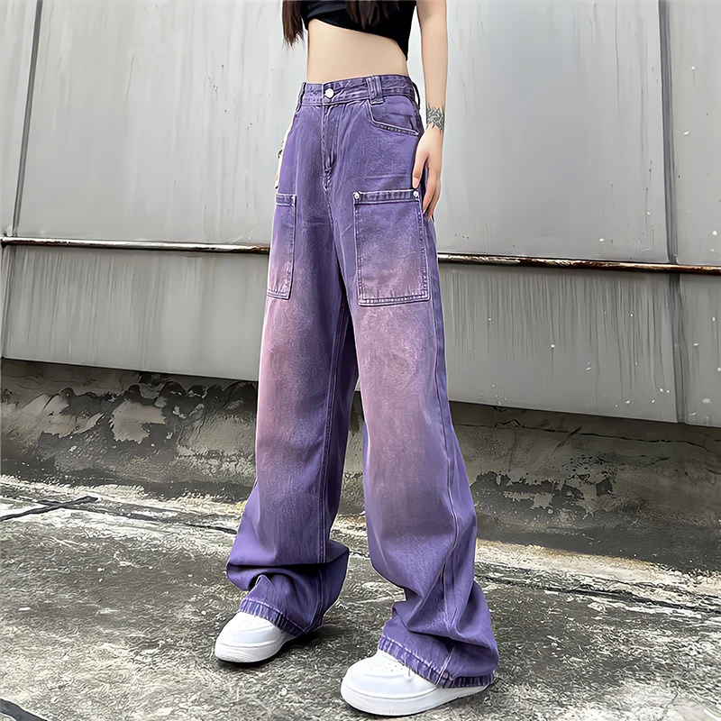 Pantalones vaqueros morados estilo Boyfriend para mujer, pantalones Cargo lavados de cintura alta y Color degradado