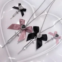 Sweet Cute Love Heart Rhinestone Black Pink Bowknot Syringe Pendant Necklace Jewelry for Women Cool Sweater Chain