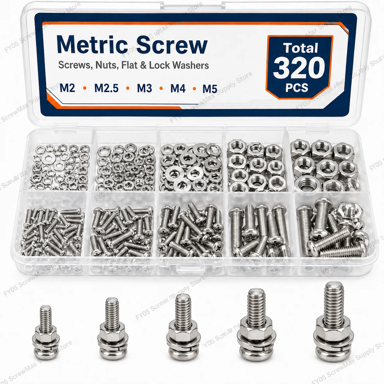 320pcs Screws Nuts Washers Assortment Kit Rustproof Metric Hardware Set M2-M5 for DIY Home Repair Industrial Use
