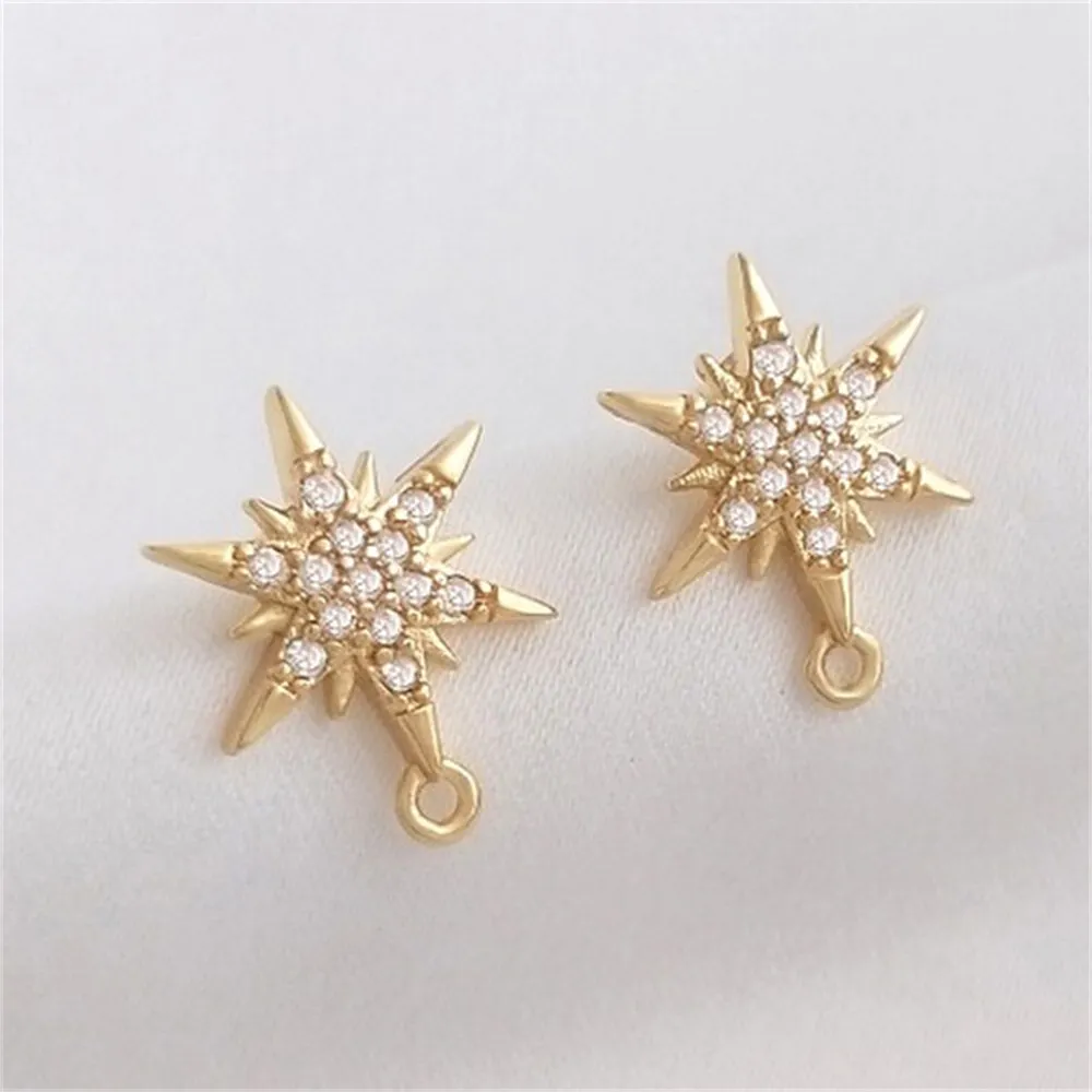 

14K Gold Micro Inlaid Zircon Six Pointed Star with Hanging Rings DIY Earrings 925 Silver Needle Ear Jewelry Earring Accessories