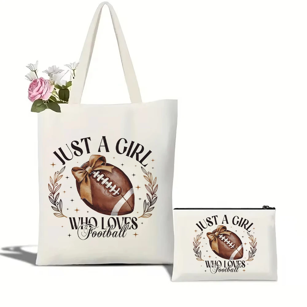 

Just A Girl Who Loves Football Tote Bag Set Canvas Handbag Makeup Bag Set Personalized Gift Bag for Women Girl Lady