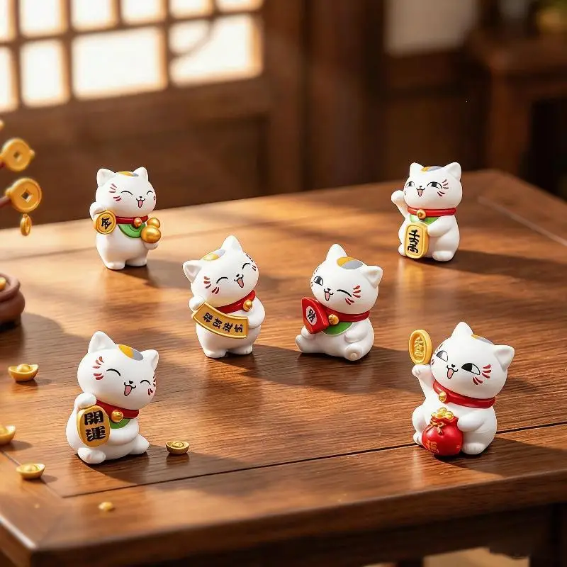 6 PCS Mini Resin Lucky Cat: Figurine Set Cute Fortune Blessing Home Office
