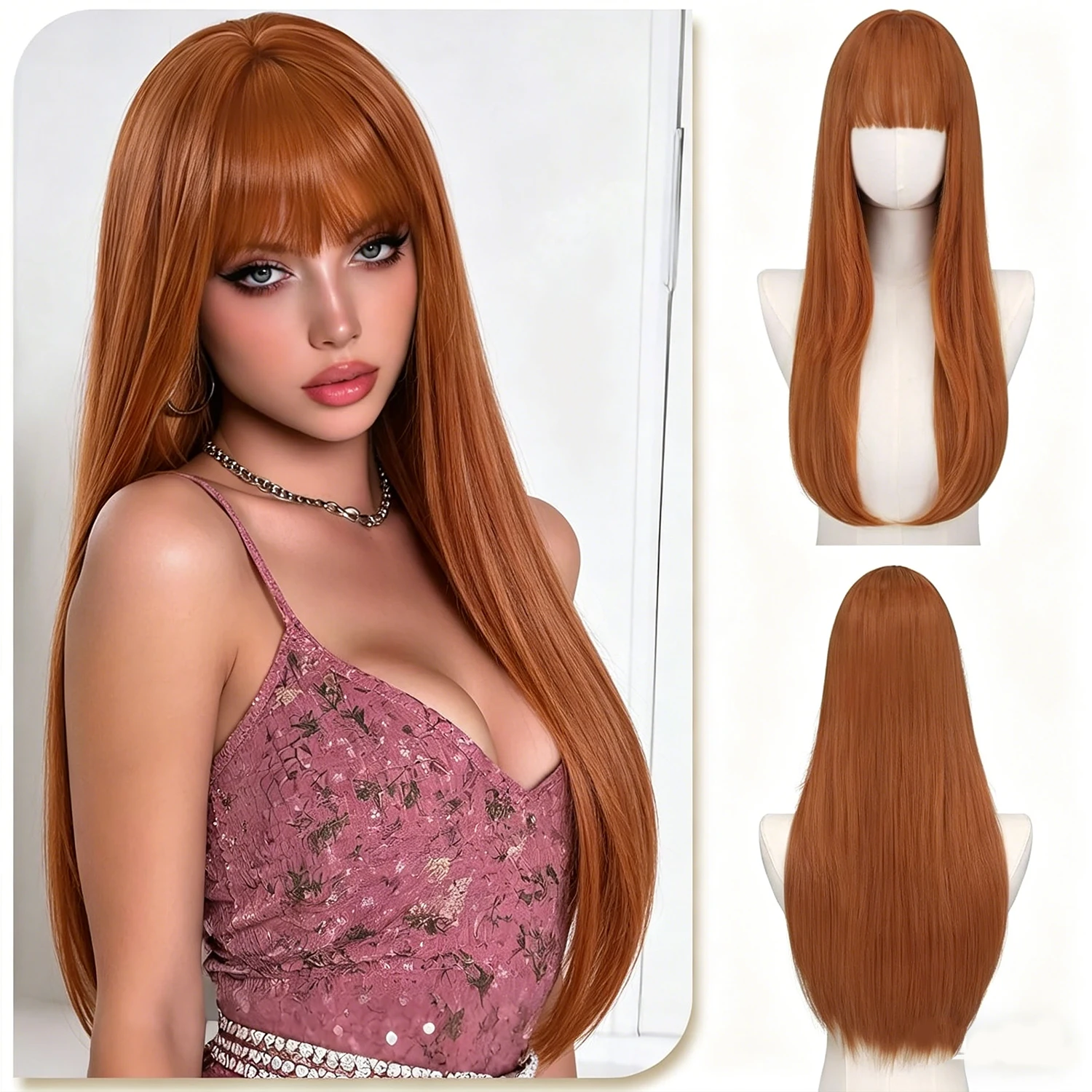 

24''Long Straight Auburn with Bangs Natural Looking Soft Heat Resistant Synthetic Wigs for Women Daily Party Use