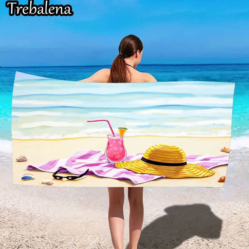 

30*60inch Ultra-Soft Beach Towel with Beach Towel with Tropical Drink and Hat Design