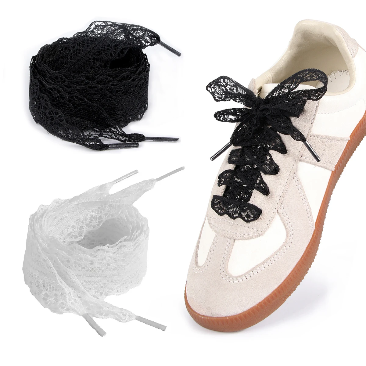 DIY Wide Lace Shoelaces with Hollow-Out Silk Trim, Black & White for German Trainers, Sneakers & White Shoes