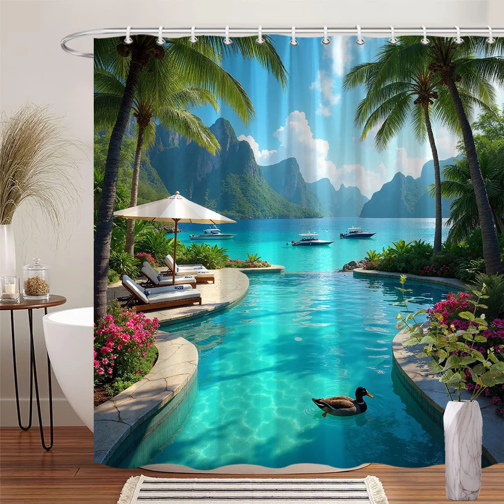 

1 шт. занавеска для душа с тропическим райгом и лагуной, прозрачная синяя вода с пальмами, цветами гибискуса и великолепными горами, Tranqui