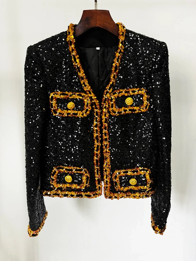 

HIGH STREET Newest Fashion 2024 Designer Women's Gold Chains Sequined Jacket