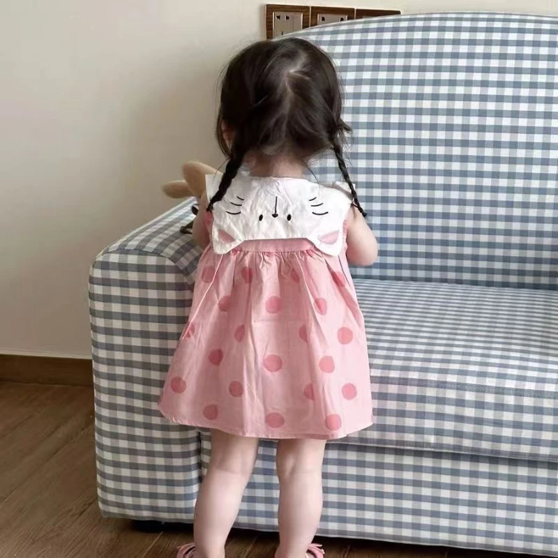 2026 Summer New Children's Elegant Doll Neck Embroidered Pattern Color Blocked Wave Button Dress