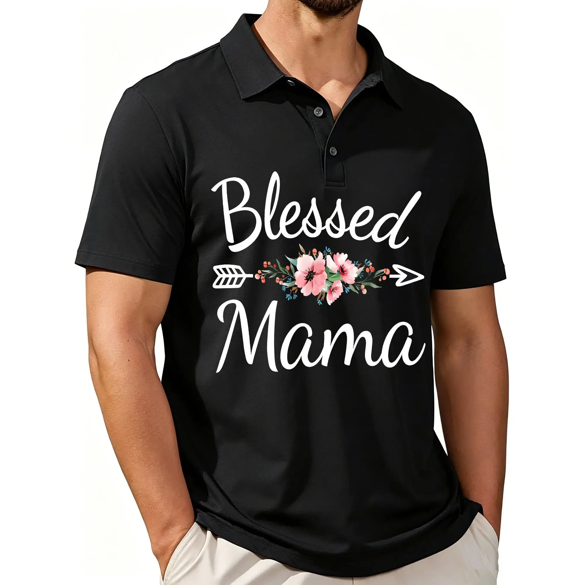 Men's Printed Short-Sleeve Polo Shirt, Full of Blessings and Gentle Vibes, Floral Design for Mother's Day, Stylish and Casual Fit, Breathable Fabric, Suitable for All Seasons.