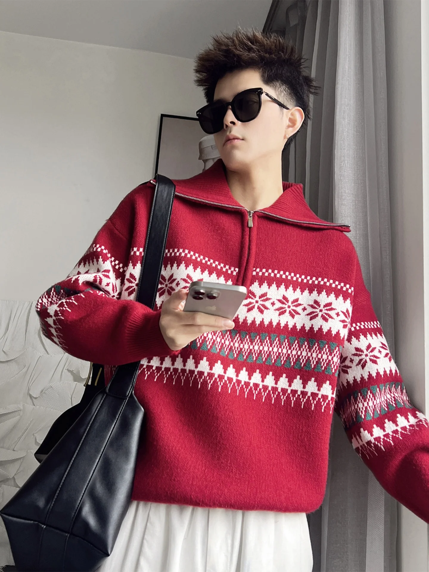 

Red f Zip Knitwear Jaet Men's American Retro Fair Isle Knitted Sweater Autumn Winter High End Feeling Top Faionable Ur...