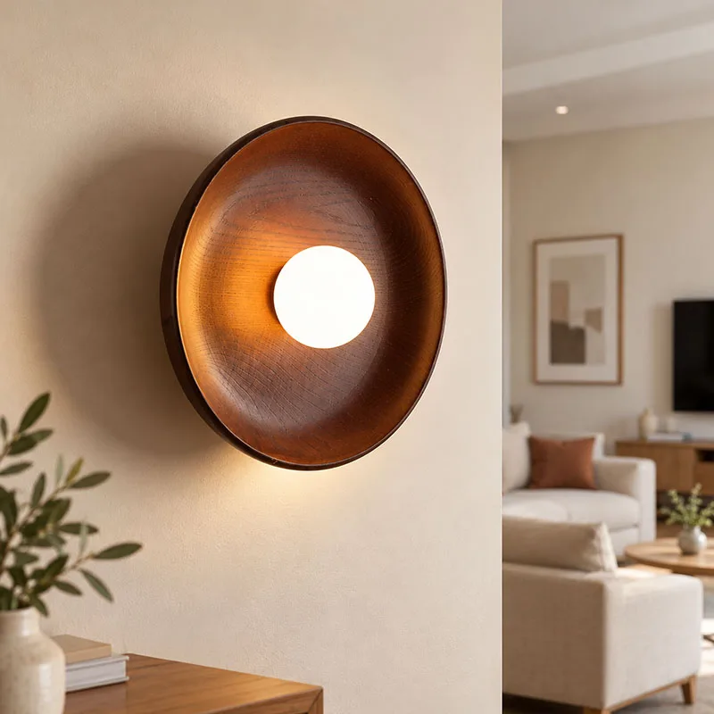 Retro Solid Wood Wall Lamp Round LED Wall Light Minimalist Wall Sconce for Bedroom Living Room Corridor TV Background Decor