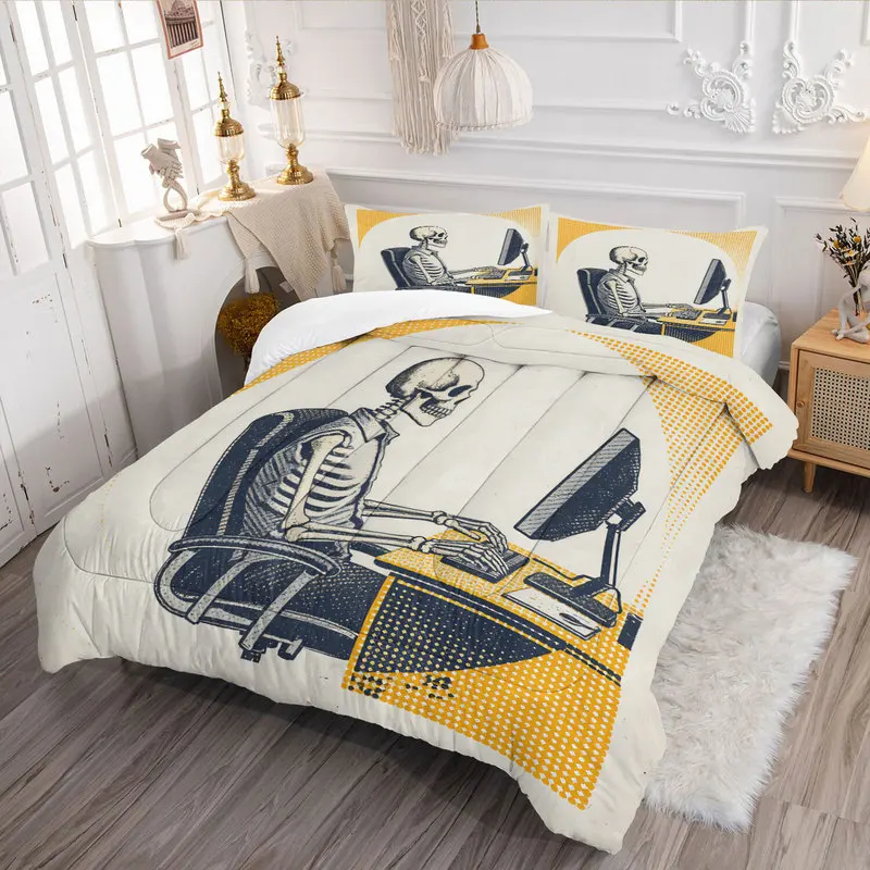 Skeleton Office Worker Comforter Set Gothic Skull Typing On Computer Print Quilt Set Vintage Cozy Bed Set Decor Halloween Gift