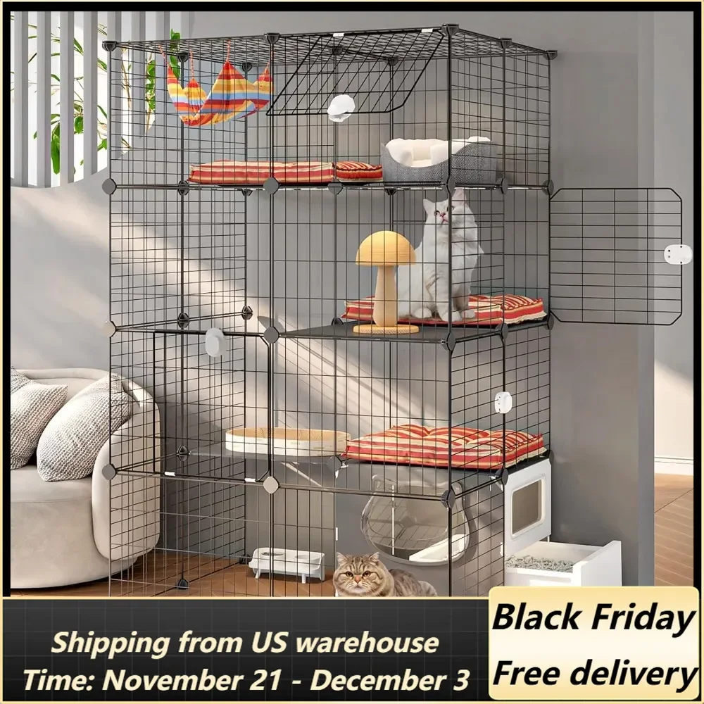 Cat Cage with Litter Box,4-Tier DIY Cat Enclosures Detachable Metal Wire Kennel Indoor Crate Large