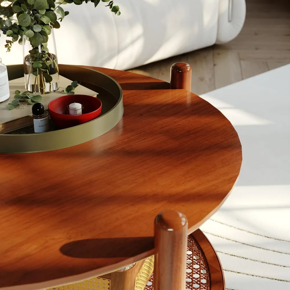 32" Round Coffee Table for Living Room, 2-Tier Rustic Wood Center Table for Home Decor with Boho Woven Rattan Storage Shelf | M