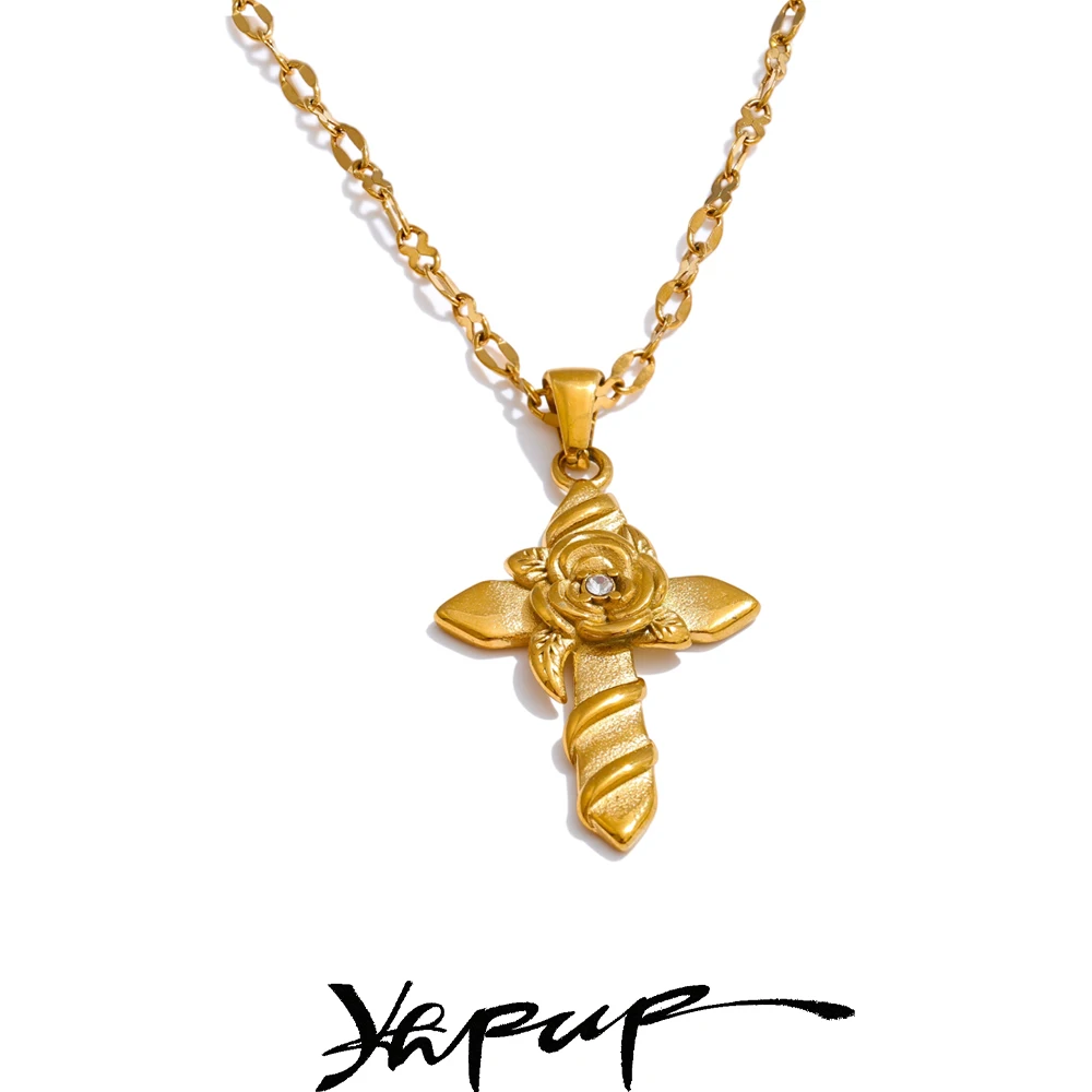 Yhpup 2025 Fashion Stainless Steel Flower Cross Pendant Necklace 18K Gold Color PVD Plated Stain Less Metal Collar Jewelry