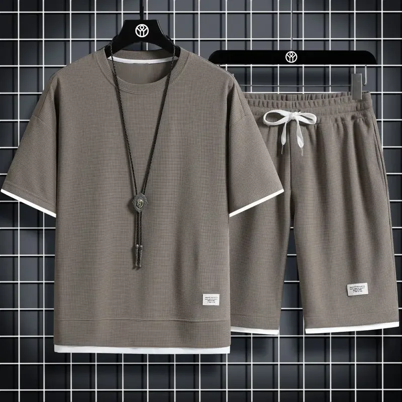 

Summer Men's Two Piece Set Linen Fabric Casual T-Shirt And Shorts Set Mens Sports Suit Fashion Short Sleeve Tracksuit Men Suits