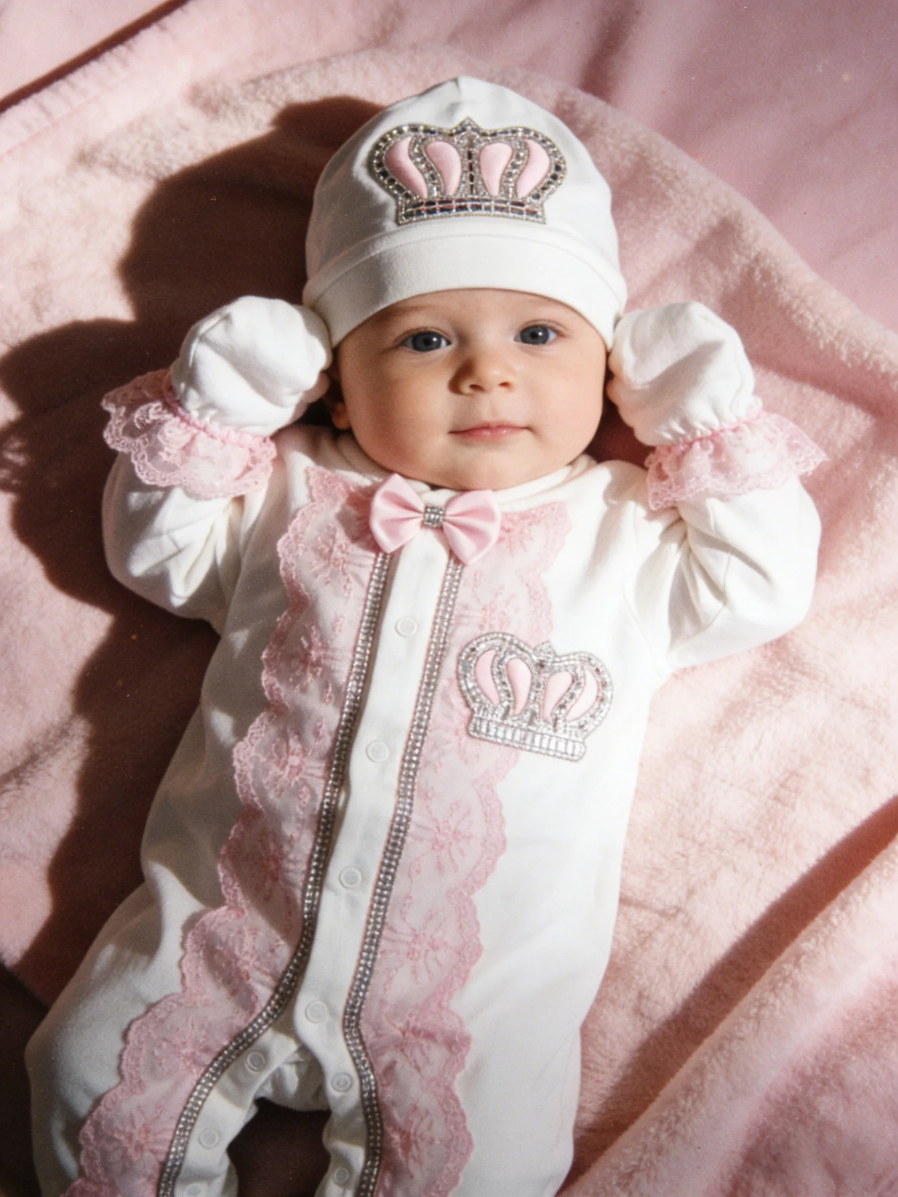 Luxury Baby Girl Crown Layette 5PCS Set Elegant Rhinestone Lace Footed Romper Newborn Coming Home Outfit