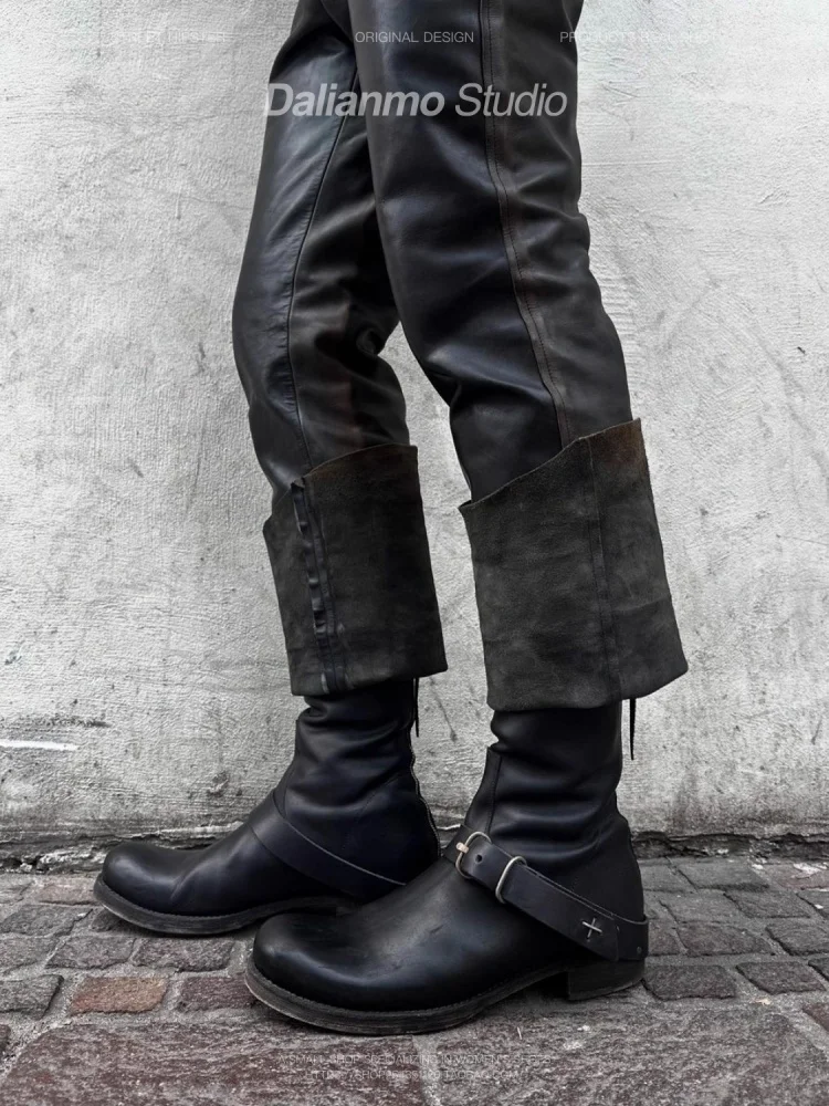 

Black Cool Short Boots for Men Upturned Leather Handmade Shoes Belt Work Boots Short Tube Zipper Knight Boots
