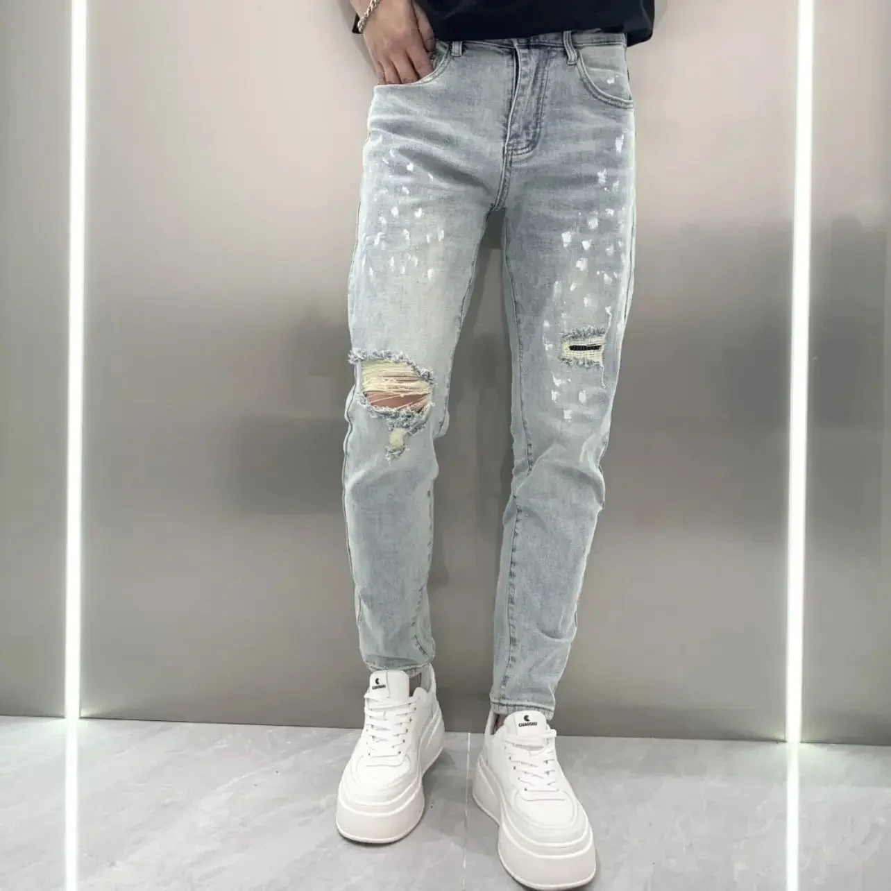 

Pop Korean Style Men's Slim Casual Jeans Spring Autumn Pencil Pants With Paint Splatters Distressed Patchwork Designer Men's