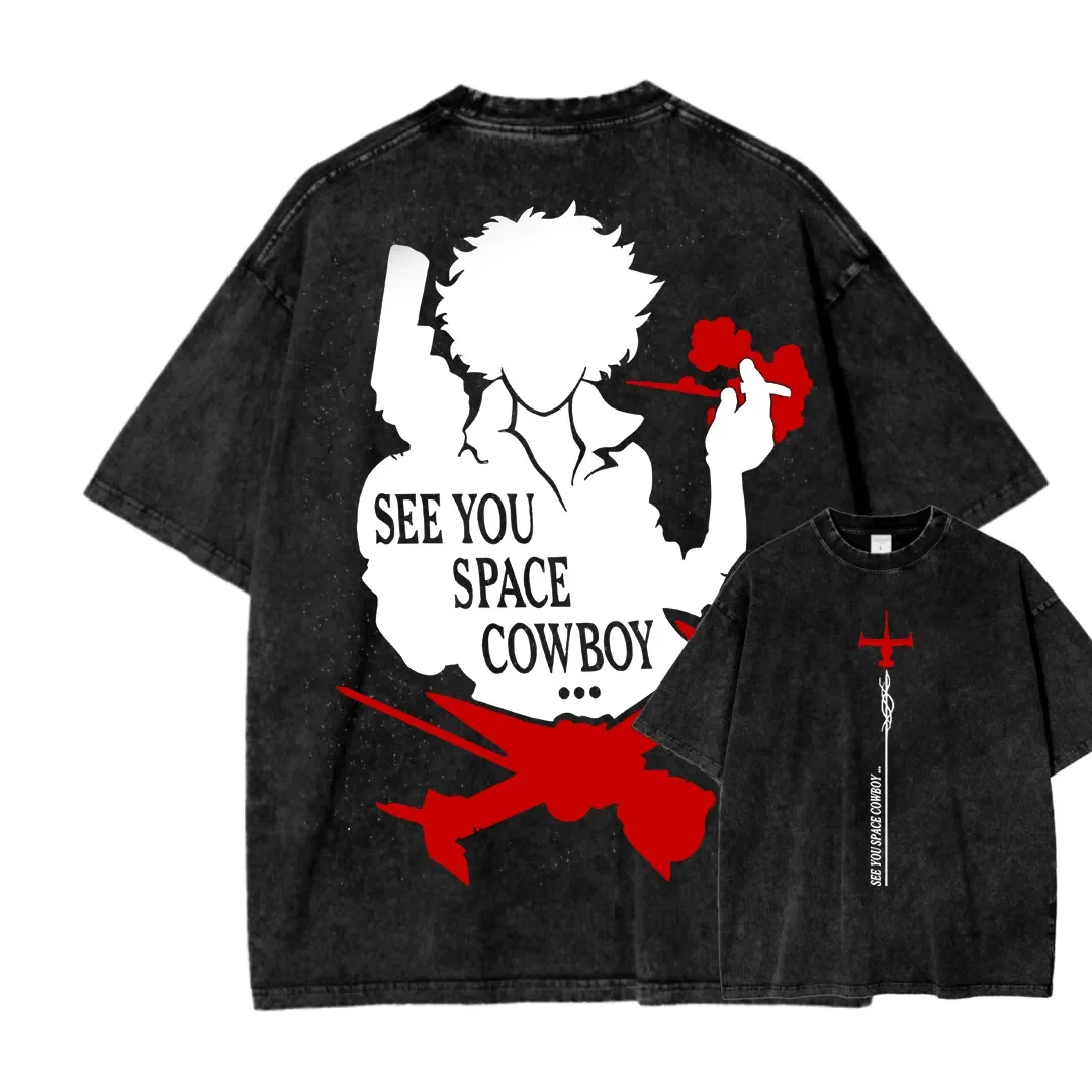 Anime Cowboy Bebop Spike Spiegel Printed Tee Men Women Short Sleeve Cotton Tshirts Vintage Washed T-shirt Harajuku Male T Shirt