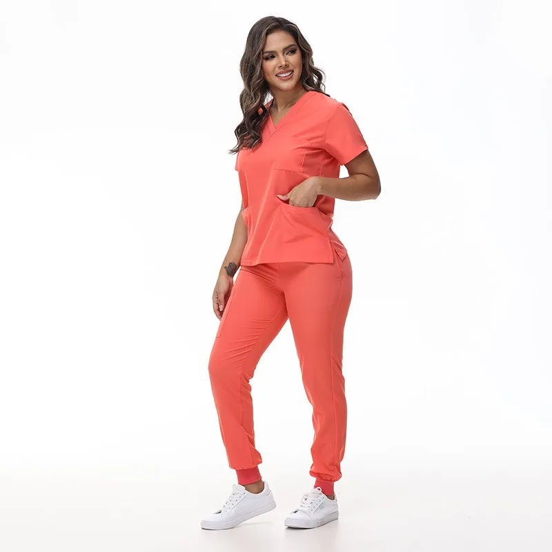 Conjuntos de esfoliante cirúrgico clínica dentária enfermeira jogger terno estiramento salão de beleza spa workwear médico roupa uniforme médico 42109