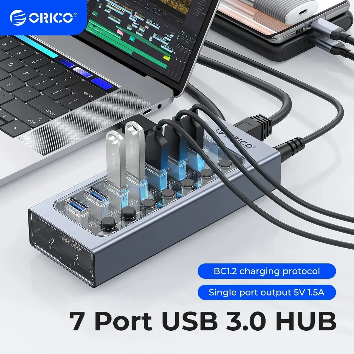 orico usb30 hub de aluminio industrial portas divisor split switch doca carregador usb com adaptador de alimentacao 12v para pc portatil telefone 01